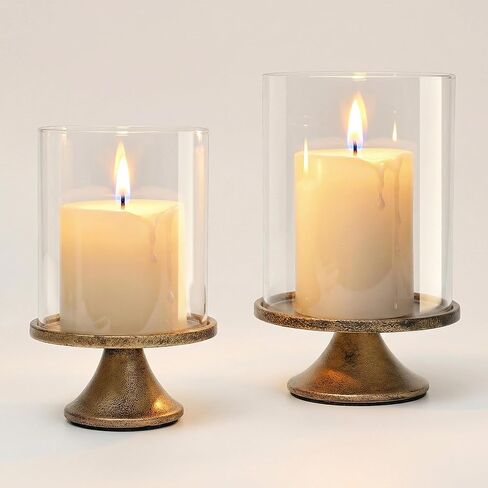 Set of 2 Hurricane Candle Holder Set with Glass Dome & Iron Base – Elegant Decorative Pillar Candle Holders for Living Room, Dining Room & Bedroom Centerpiece - Ideal Home Décor in Saudi Arabia