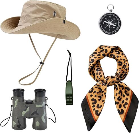 مجموعة أزياء سفاري للسيدات مكونة من 5 قطع، أزياء سفاري التنكرية للكبار مع قبعة دلو ووشاح للرقبة على شكل نمر ومنظار بوصلة وصفارة سفاري وإكسسوارات أزياء السفاري لحفلات الهالوين in Kuwait