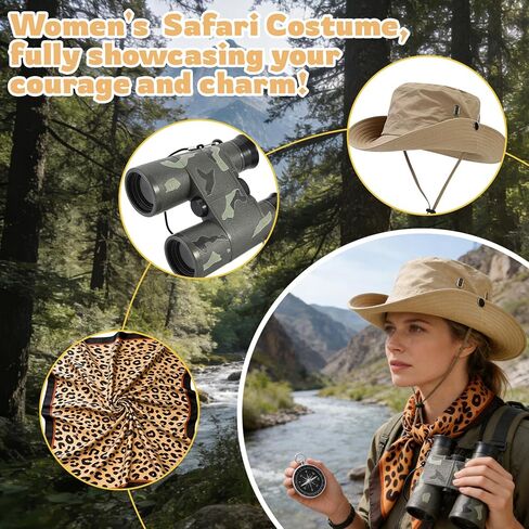 مجموعة أزياء سفاري للسيدات مكونة من 5 قطع، أزياء سفاري التنكرية للكبار مع قبعة دلو ووشاح للرقبة على شكل نمر ومنظار بوصلة وصفارة سفاري وإكسسوارات أزياء السفاري لحفلات الهالوين in Kuwait