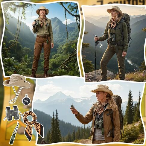 مجموعة أزياء سفاري للسيدات مكونة من 5 قطع، أزياء سفاري التنكرية للكبار مع قبعة دلو ووشاح للرقبة على شكل نمر ومنظار بوصلة وصفارة سفاري وإكسسوارات أزياء السفاري لحفلات الهالوين in Kuwait