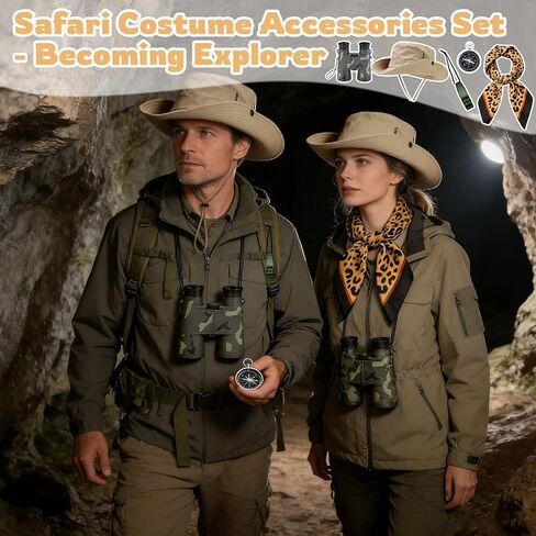 مجموعة أزياء سفاري للسيدات مكونة من 5 قطع، أزياء سفاري التنكرية للكبار مع قبعة دلو ووشاح للرقبة على شكل نمر ومنظار بوصلة وصفارة سفاري وإكسسوارات أزياء السفاري لحفلات الهالوين in Kuwait