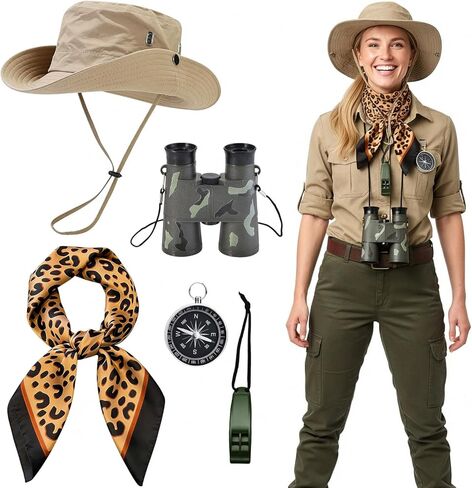 مجموعة أزياء سفاري للسيدات مكونة من 5 قطع، أزياء سفاري التنكرية للكبار مع قبعة دلو ووشاح للرقبة على شكل نمر ومنظار بوصلة وصفارة سفاري وإكسسوارات أزياء السفاري لحفلات الهالوين in Kuwait