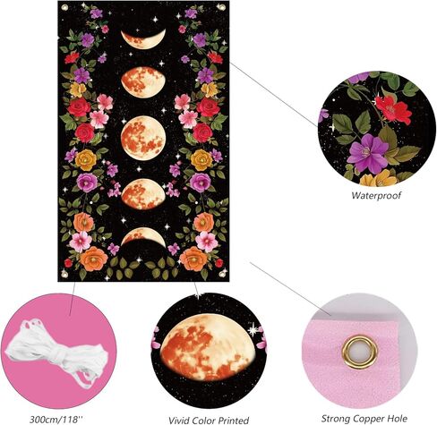 WEBEEDY Moon Phase Tapestry Vine and Flower Backdrop Wall Hanging Vintage Floral Moon Star Tapestry Landscape Background for Photography Wall Art Bedroom Home Decor, 110x180cm/3.6x5.9ft in Saudi Arabia