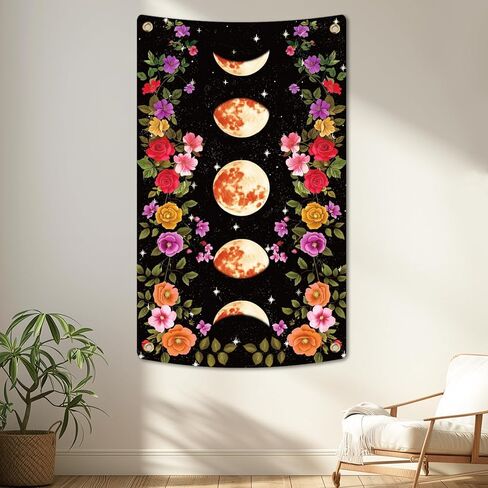 WEBEEDY Moon Phase Tapestry Vine and Flower Backdrop Wall Hanging Vintage Floral Moon Star Tapestry Landscape Background for Photography Wall Art Bedroom Home Decor, 110x180cm/3.6x5.9ft in Saudi Arabia