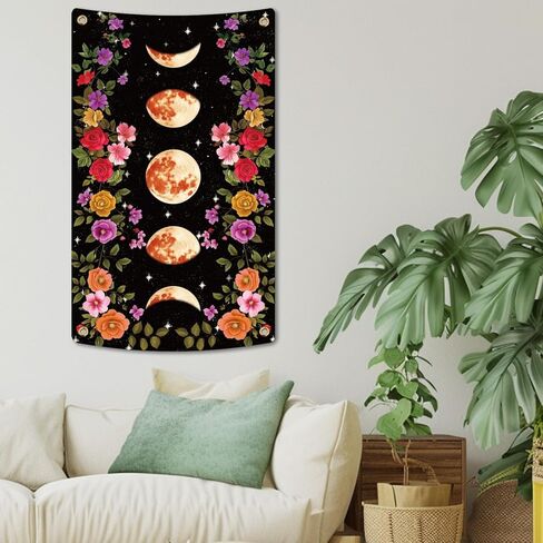 WEBEEDY Moon Phase Tapestry Vine and Flower Backdrop Wall Hanging Vintage Floral Moon Star Tapestry Landscape Background for Photography Wall Art Bedroom Home Decor, 110x180cm/3.6x5.9ft in Saudi Arabia