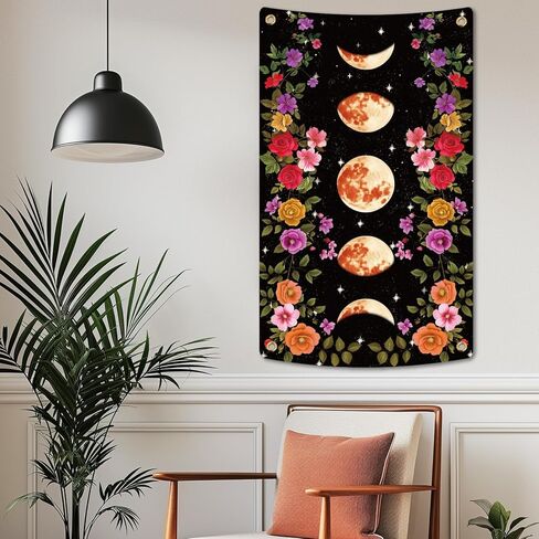 WEBEEDY Moon Phase Tapestry Vine and Flower Backdrop Wall Hanging Vintage Floral Moon Star Tapestry Landscape Background for Photography Wall Art Bedroom Home Decor, 110x180cm/3.6x5.9ft in Saudi Arabia