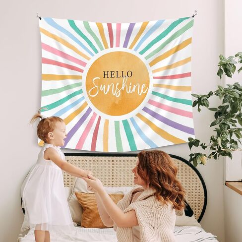 WAITPI Colorful Hello Sunshine Hanging Wall Tapestry for Classroom, Boho Sun Wall Tapestries, Inspirational Sunset Wall Hanging Room Decor Tapestry for Kids Room Playroom Bedroom Nursery 50x60 inch in Kuwait
