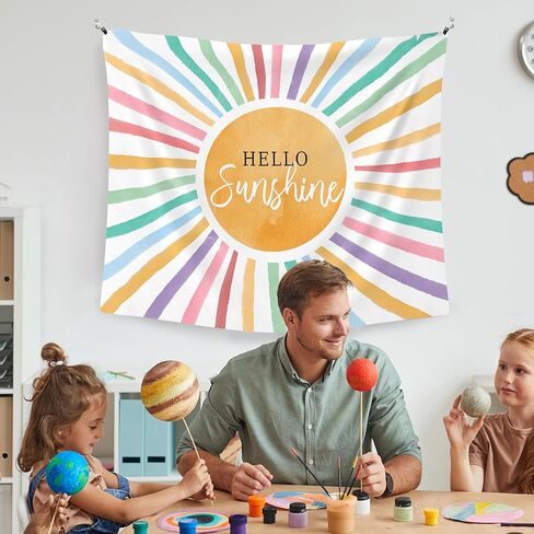 WAITPI Colorful Hello Sunshine Hanging Wall Tapestry for Classroom, Boho Sun Wall Tapestries, Inspirational Sunset Wall Hanging Room Decor Tapestry for Kids Room Playroom Bedroom Nursery 50x60 inch in Kuwait