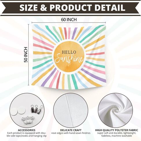 WAITPI Colorful Hello Sunshine Hanging Wall Tapestry for Classroom, Boho Sun Wall Tapestries, Inspirational Sunset Wall Hanging Room Decor Tapestry for Kids Room Playroom Bedroom Nursery 50x60 inch in Kuwait