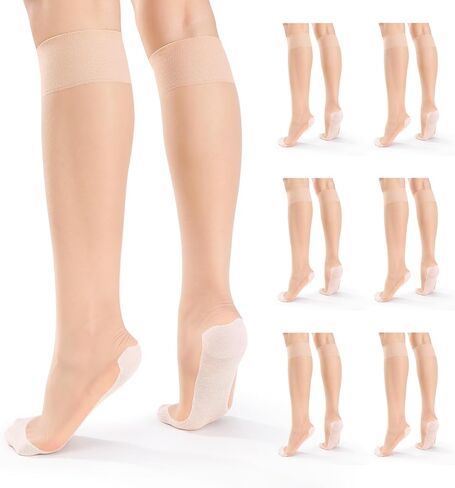6 Pairs Knee High Stockings for Women Anti-Slip Cotton Sole Nylons Sheer Socks Wide Calf Design in Saudi Arabia