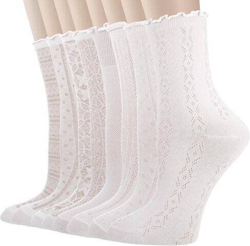 8 Pairs Women's Ruffle Socks Cute Casual Breathable Crew Sock Thin White Frilly Ankle Socks for Women in Saudi Arabia