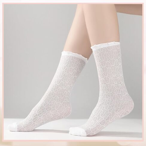 8 Pairs Women's Ruffle Socks Cute Casual Breathable Crew Sock Thin White Frilly Ankle Socks for Women in Saudi Arabia