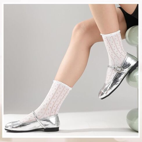 8 Pairs Women's Ruffle Socks Cute Casual Breathable Crew Sock Thin White Frilly Ankle Socks for Women in Saudi Arabia