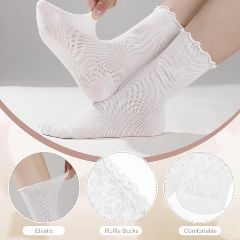 8 Pairs Women's Ruffle Socks Cute Casual Breathable Crew Sock Thin White Frilly Ankle Socks for Women in Saudi Arabia