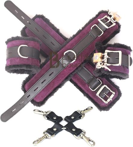 Real Cowhide Leather Wrist Cuffs, Ankle Cuffs Fluffy set with Foam Padding & Fur Lining Handmade in Kuwait