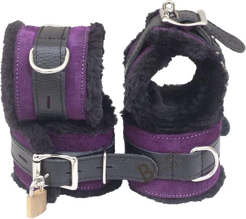 Real Cowhide Leather Wrist Cuffs, Ankle Cuffs Fluffy set with Foam Padding & Fur Lining Handmade in Kuwait