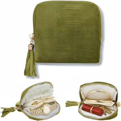 حقيبة مجوهرات صغيرة للسفر، حقائب مجوهرات مع سحابات شرابة، منظم مجوهرات مخملي ذو سعة كبيرة لأقراط وأساور وخواتم وقلادات تخزين محمولة مضادة للخدش، هدية للنساء باللون الوردي in Kuwait