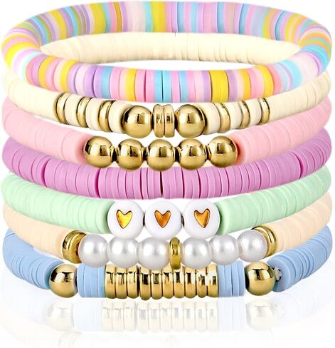 7PCS Friendship Bracelets,Heishi Clay Bead Bracelet,Stackable Preppy Bracelets for Stack Beads Boho Jewelry in Kuwait
