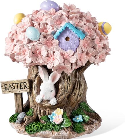 Glitzhome Easter Decorations Bunny Figurine, Resin Rabbit & Pink Blossoms Tabletop Centerpiece for Spring Home Indoor Outdoor Decor in Saudi Arabia