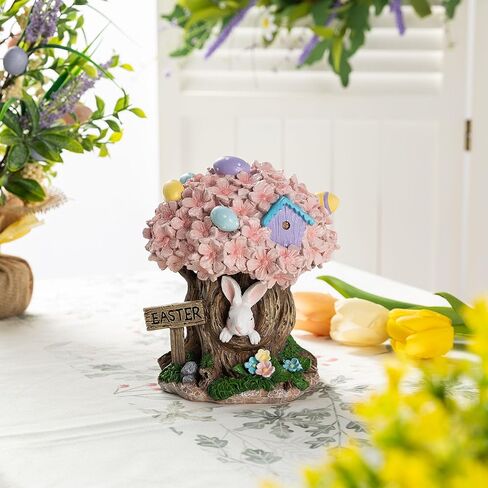 Glitzhome Easter Decorations Bunny Figurine, Resin Rabbit & Pink Blossoms Tabletop Centerpiece for Spring Home Indoor Outdoor Decor in Saudi Arabia