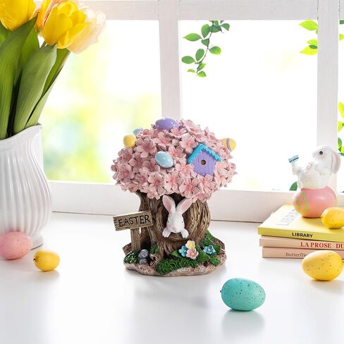 Glitzhome Easter Decorations Bunny Figurine, Resin Rabbit & Pink Blossoms Tabletop Centerpiece for Spring Home Indoor Outdoor Decor in Saudi Arabia