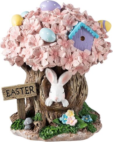 Glitzhome Easter Decorations Bunny Figurine, Resin Rabbit & Pink Blossoms Tabletop Centerpiece for Spring Home Indoor Outdoor Decor in Saudi Arabia