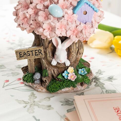 Glitzhome Easter Decorations Bunny Figurine, Resin Rabbit & Pink Blossoms Tabletop Centerpiece for Spring Home Indoor Outdoor Decor in Saudi Arabia