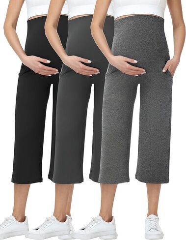 3 Pack Women's Maternity Capris Over Belly Wide Leg Yoga Pants Stretchy Casual Pregnancy Cropped Pants in Kuwait
