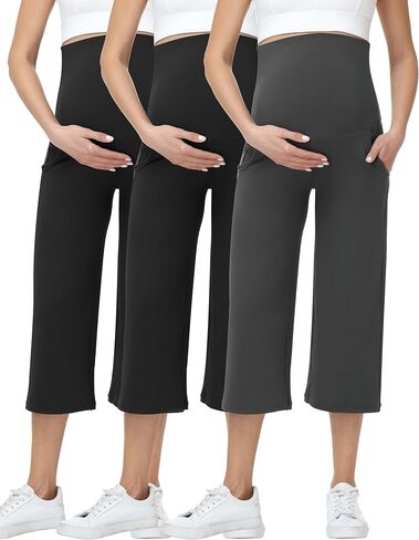 3 Pack Women's Maternity Capris Over Belly Wide Leg Yoga Pants Stretchy Casual Pregnancy Cropped Pants in Saudi Arabia