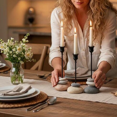 3 عبوات من حوامل الشموع المدببة الحديثة مع كوب قابل للإزالة، حامل شموع مصنوع يدويًا على شكل حجر، حامل شموع من الراتنج بقاعدة مرجحة لطاولة الطعام، رف وديكور المنزل in Kuwait