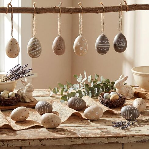 36 Pcs Easter Egg Ornaments for Tree 2.4" Plastic Neutral Hanging Decoration Rustic Beige Brown Stripe Eggs Mini Retro Pendant Decor for Spring Basket Holiday Plate Vase Filling Supplies in Saudi Arabia
