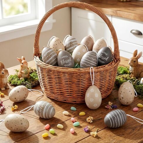36 Pcs Easter Egg Ornaments for Tree 2.4" Plastic Neutral Hanging Decoration Rustic Beige Brown Stripe Eggs Mini Retro Pendant Decor for Spring Basket Holiday Plate Vase Filling Supplies in Saudi Arabia