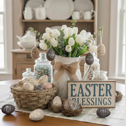 36 Pcs Easter Egg Ornaments for Tree 2.4" Plastic Neutral Hanging Decoration Rustic Beige Brown Stripe Eggs Mini Retro Pendant Decor for Spring Basket Holiday Plate Vase Filling Supplies in Saudi Arabia