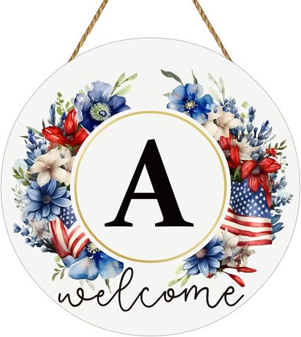 4th of July Monogram Letter C Floral Patriotic Wreath Memorial Independence Day Red and Blue Flower Welcome Sign for Front Door Wooden Family Last Name Initial Wall Decor for Indoor Outdoor Home Decor in Kuwait