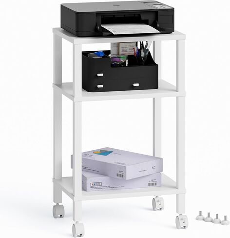 3-Tier Printer Stand with Storage, Mobile Printer Cart with Rolling Casters and Adjustable Feet, Under Desk Storage Shelf for Home Office, White, 15.7" x 11.8" x 25.9" in Saudi Arabia