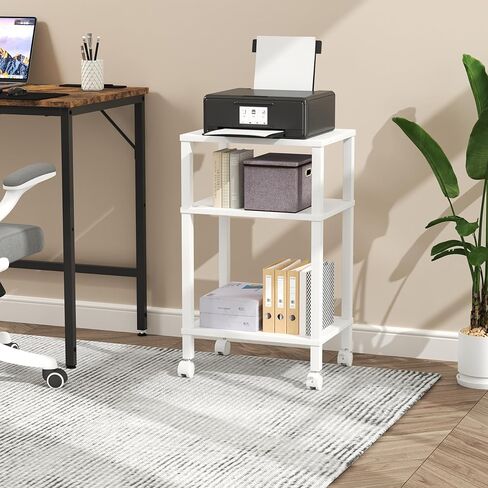 3-Tier Printer Stand with Storage, Mobile Printer Cart with Rolling Casters and Adjustable Feet, Under Desk Storage Shelf for Home Office, White, 15.7" x 11.8" x 25.9" in Saudi Arabia