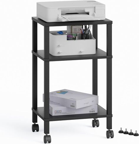 3-Tier Printer Stand with Storage, Mobile Printer Cart with Rolling Casters and Adjustable Feet, Under Desk Storage Shelf for Home Office, White, 15.7" x 11.8" x 25.9" in Saudi Arabia