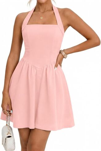 MEROKEETY Women's Summer Halter Neck Mini Dress 2026 Cute Ruched Waist A-line Flowy Graduation Cocktail Party Short Dresses in Saudi Arabia