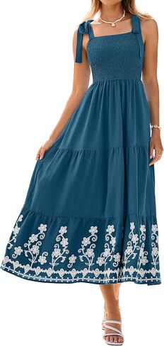 BerryGo Women's Summer Boho Maxi Dress Smocked Spaghetti Strap Embroidery Casual Beach Vacation Sundress with Pockets 2026 in Saudi Arabia