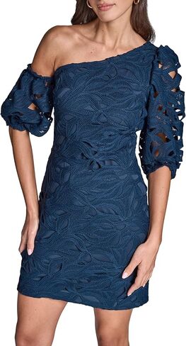 BCBG Women's Off The Shoulder Asymmetrical Short Lace Puff Sleeve Dress in Kuwait