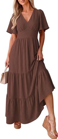Caracilia Womens Summer Maxi Dresses Casual Ruffle Short Sleeve V Neck Tiered A-Line Flowy Boho Beach Long Dress with Pockets in Saudi Arabia