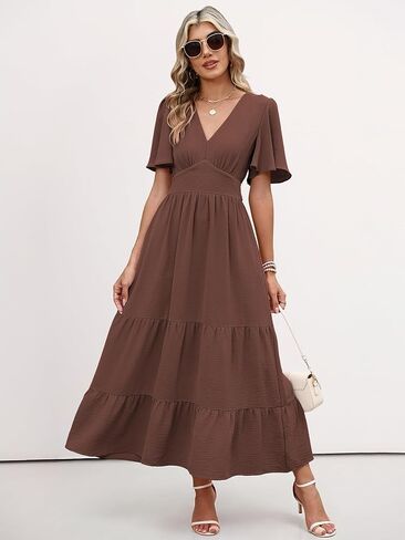 Caracilia Womens Summer Maxi Dresses Casual Ruffle Short Sleeve V Neck Tiered A-Line Flowy Boho Beach Long Dress with Pockets in Saudi Arabia