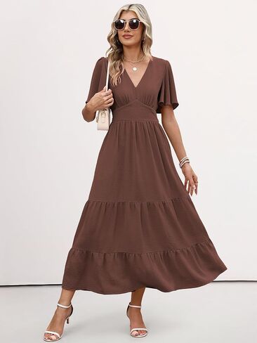Caracilia Womens Summer Maxi Dresses Casual Ruffle Short Sleeve V Neck Tiered A-Line Flowy Boho Beach Long Dress with Pockets in Saudi Arabia