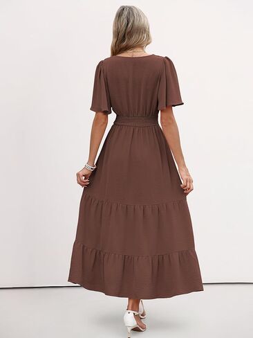 Caracilia Womens Summer Maxi Dresses Casual Ruffle Short Sleeve V Neck Tiered A-Line Flowy Boho Beach Long Dress with Pockets in Saudi Arabia