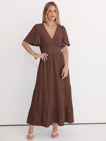 Caracilia Womens Summer Maxi Dresses Casual Ruffle Short Sleeve V Neck Tiered A-Line Flowy Boho Beach Long Dress with Pockets in Saudi Arabia