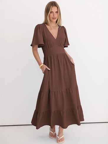 Caracilia Womens Summer Maxi Dresses Casual Ruffle Short Sleeve V Neck Tiered A-Line Flowy Boho Beach Long Dress with Pockets in Saudi Arabia