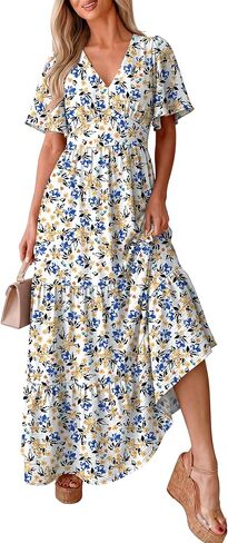 Caracilia Womens Summer Maxi Dresses Casual Ruffle Short Sleeve V Neck Tiered A-Line Flowy Boho Beach Long Dress with Pockets in Kuwait