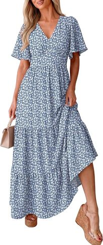 Caracilia Womens Summer Maxi Dresses Casual Ruffle Short Sleeve V Neck Tiered A-Line Flowy Boho Beach Long Dress with Pockets in Saudi Arabia