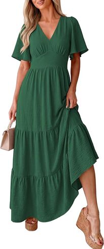 Caracilia Womens Summer Maxi Dresses Casual Ruffle Short Sleeve V Neck Tiered A-Line Flowy Boho Beach Long Dress with Pockets in Saudi Arabia