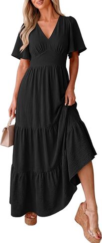 Caracilia Womens Summer Maxi Dresses Casual Ruffle Short Sleeve V Neck Tiered A-Line Flowy Boho Beach Long Dress with Pockets in Saudi Arabia